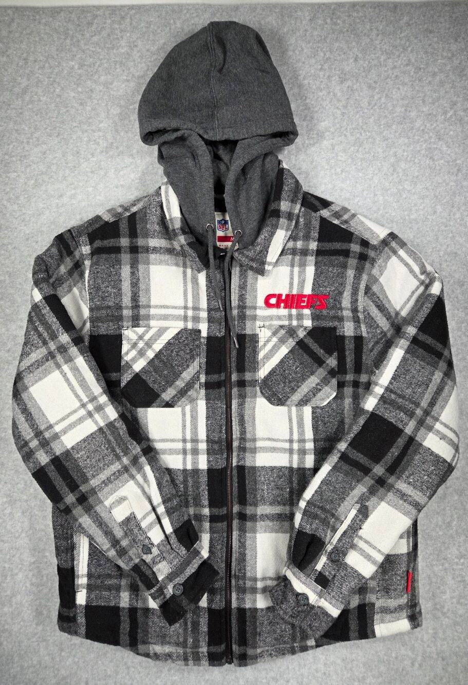 NFL Ultra Game Kansas City Chiefs Plaid Hooded Jacket Sherpa M Cozy Flannel